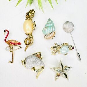 SOLD Bundle Lot - Vintage to Now Tropical Brooches Flamingo Seahorse Fish Shells